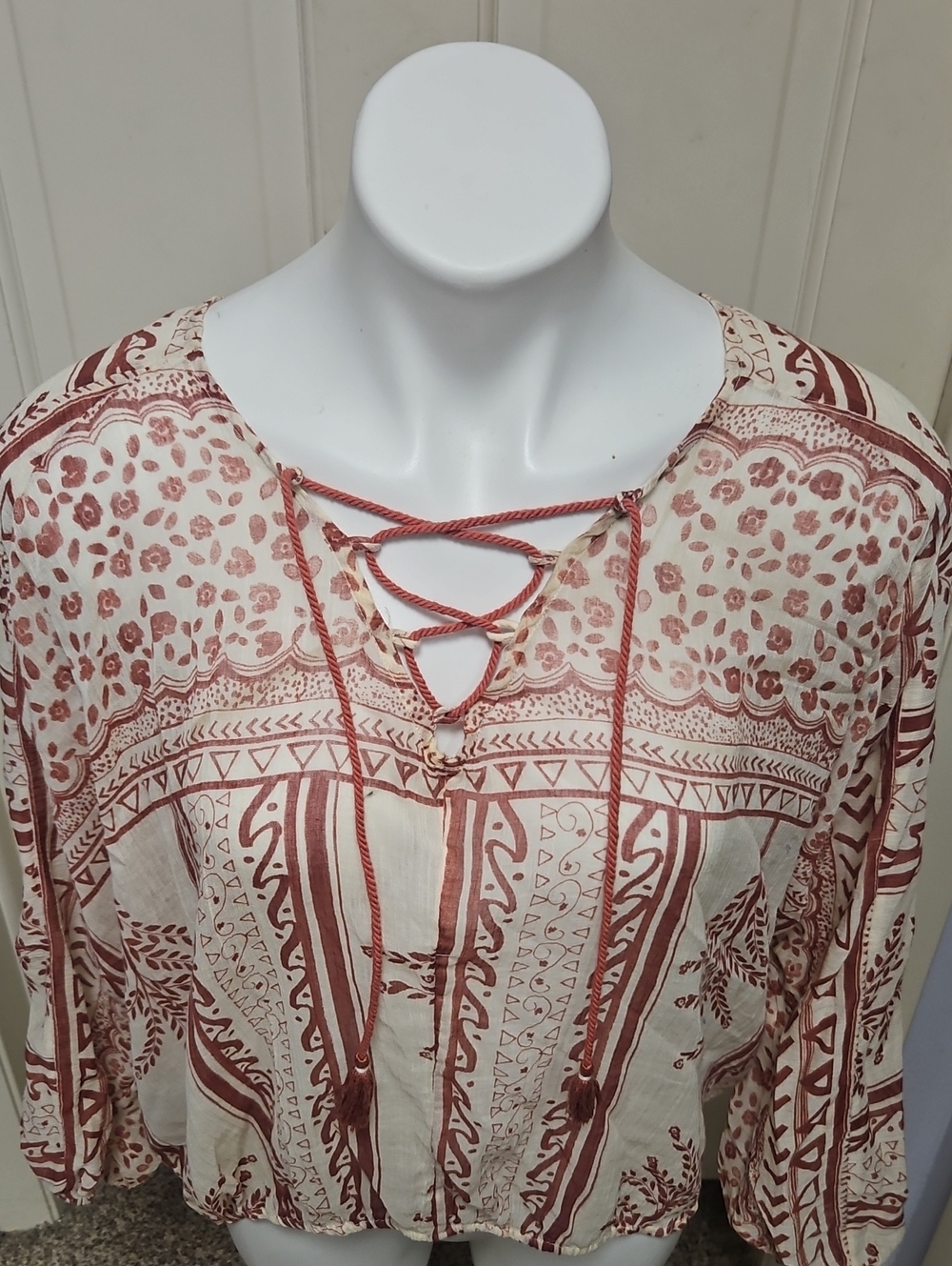 Free People Boho Lace-Up Peasant Top in Rust and Cream
